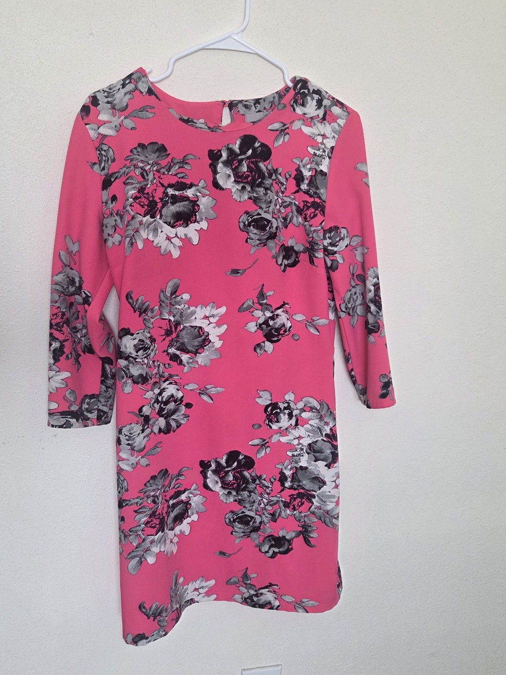 ASOS Hot Pink Floral Shift Dress 3/4 Sleeve Keyhole Back Zip Sz 8